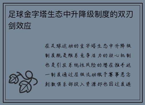 足球金字塔生态中升降级制度的双刃剑效应