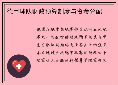 德甲球队财政预算制度与资金分配